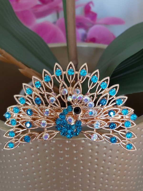 Rhinestone Peacock French Barrette